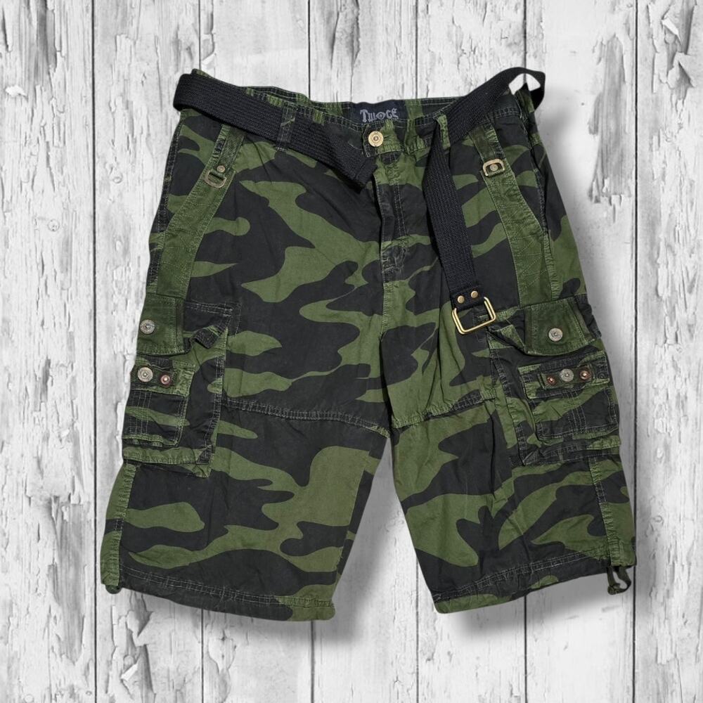 Twoce Men's Size 38 Green Camo Belted Heavyweight Cargo Shorts NWT